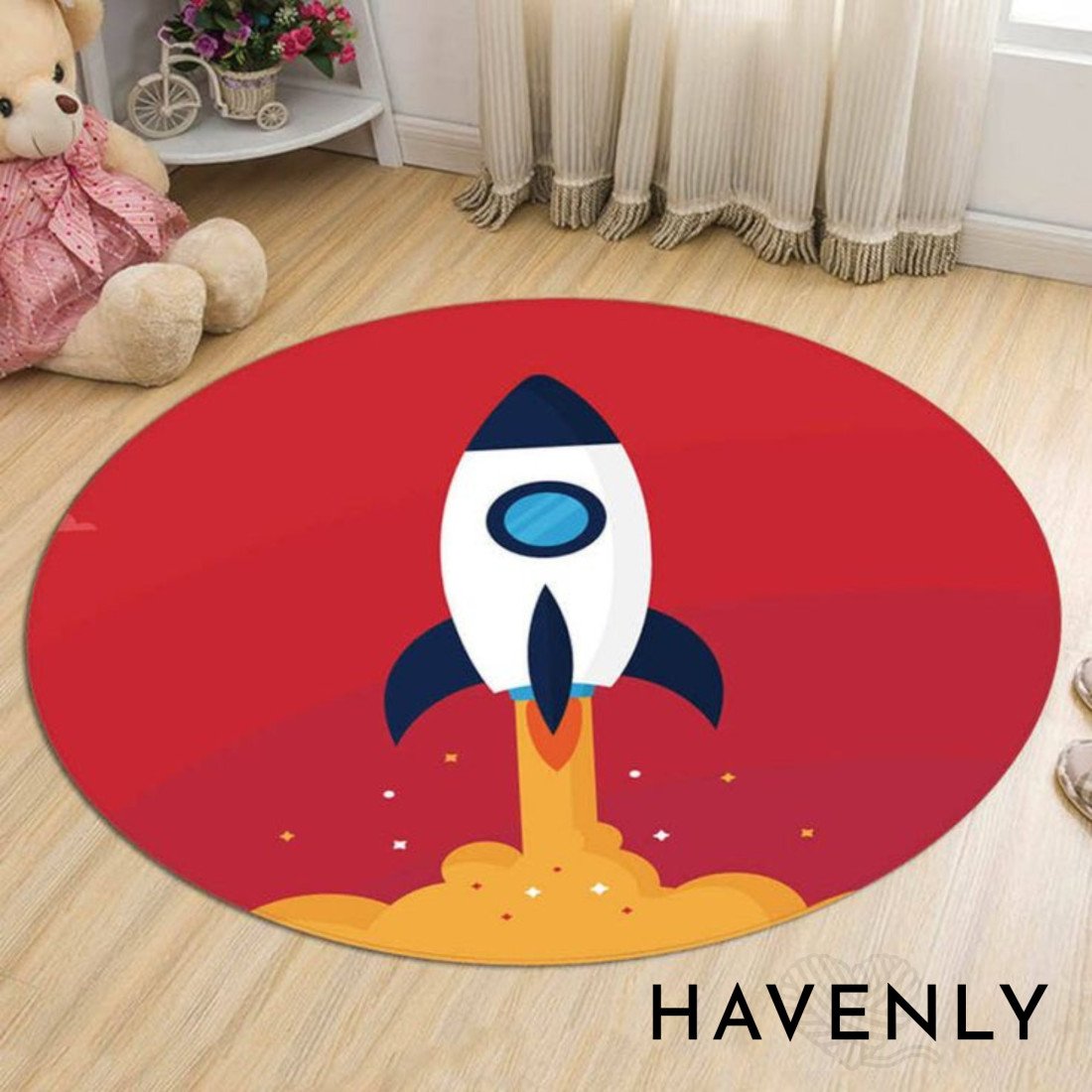 Rocket Ship Kids Hand Woven Round Deco Rug