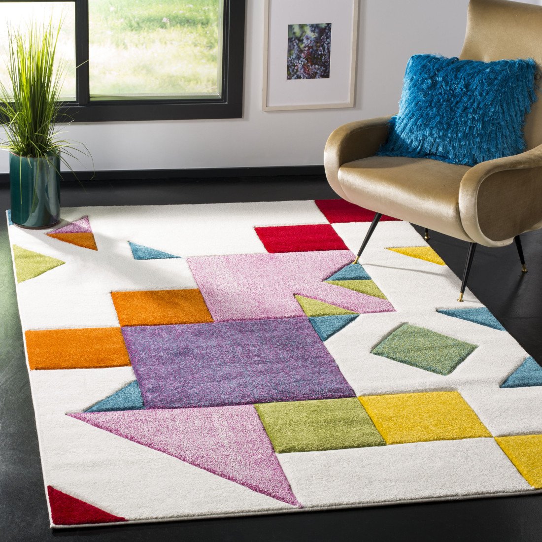 Geometric Area Rug Hand Woven in Bold Colours with White Base