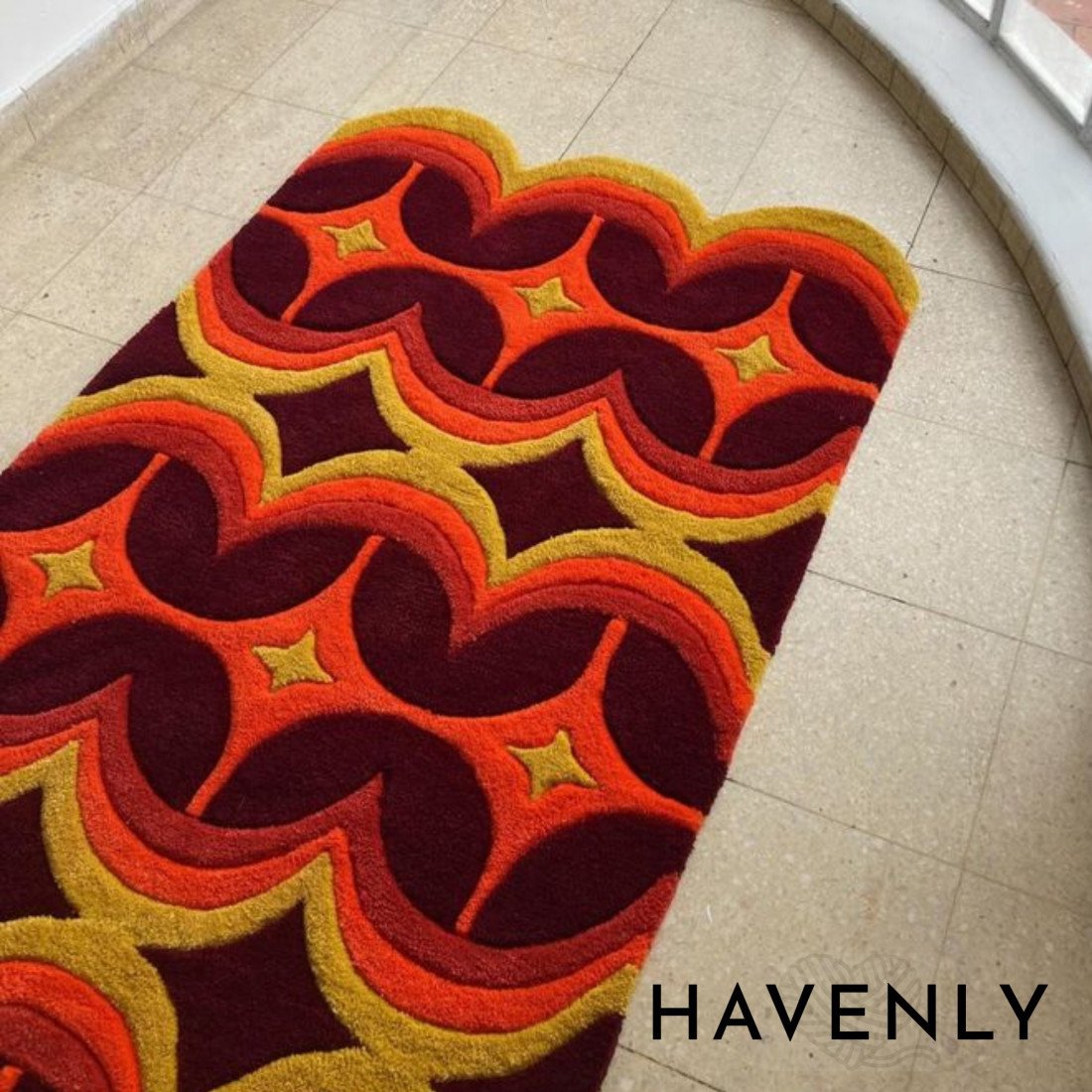 Geometric Retro Coloured Area Rug Hand Woven in Warm 70s Colours