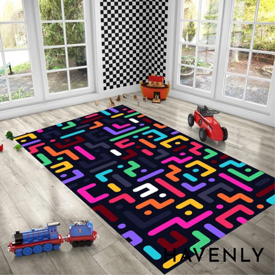 Bold Tetris Geometric Area Rug Hand Woven in Bright Colours